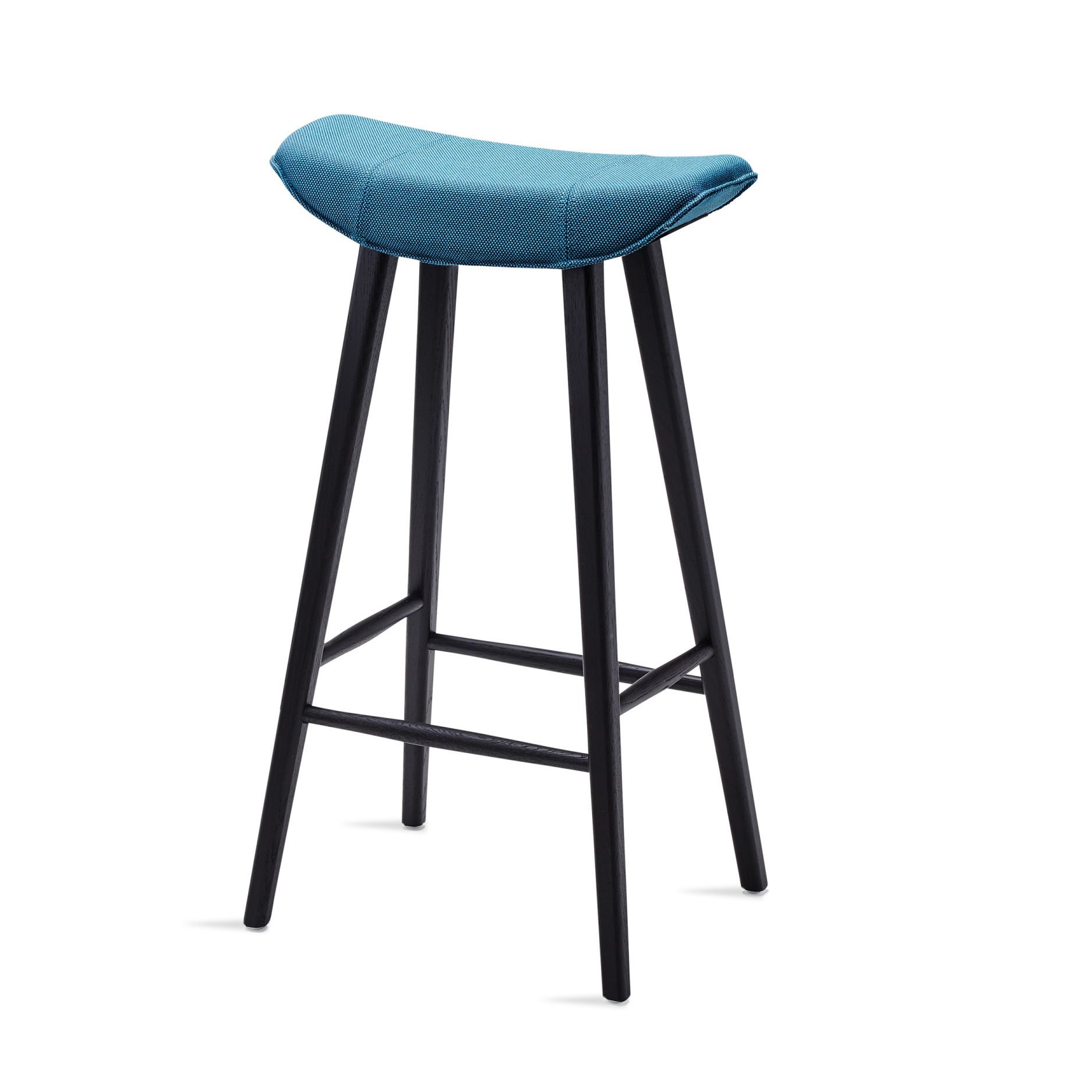 Kya Barhocker mit blauem Sitzpolster und schwarzem Holzgestell. Moderner Barstuhl für Küche oder Bar.